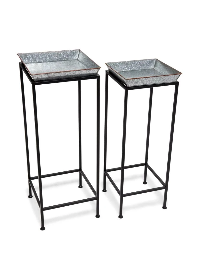 Square Nesting Plant Stands With Galvanized Trays, Set Of 2